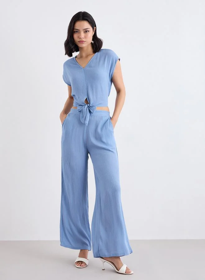 ستايلي Styli Blue Front Knot Crop Top and Pants Co-Ords