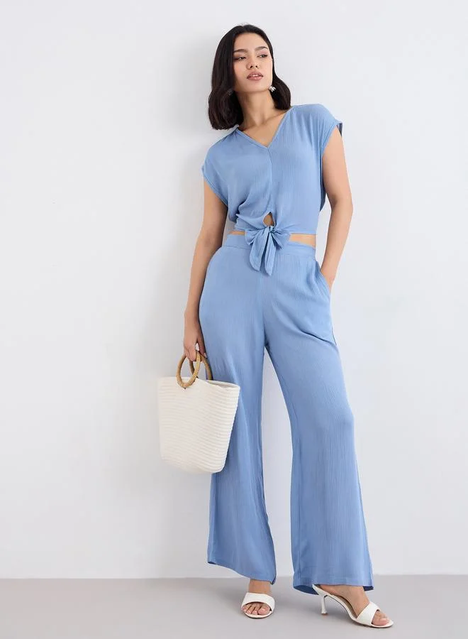 ستايلي Styli Blue Front Knot Crop Top and Pants Co-Ords