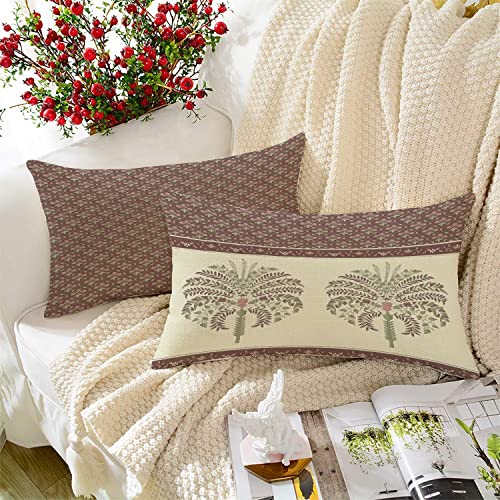 BRICK HOME Set of 2 Polycotton Printed Cushion Covers 12x18 Inches | Traditional Palm & Floral Border Design | Mauve, Sage Green & Beige | Soft Decorative Pillow Covers for Sofa, Couch & Living Room - Image 1