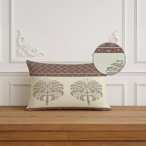 BRICK HOME Set of 2 Polycotton Printed Cushion Covers 12x18 Inches | Traditional Palm & Floral Border Design | Mauve, Sage Green & Beige | Soft Decorative Pillow Covers for Sofa, Couch & Living Room - Image 3