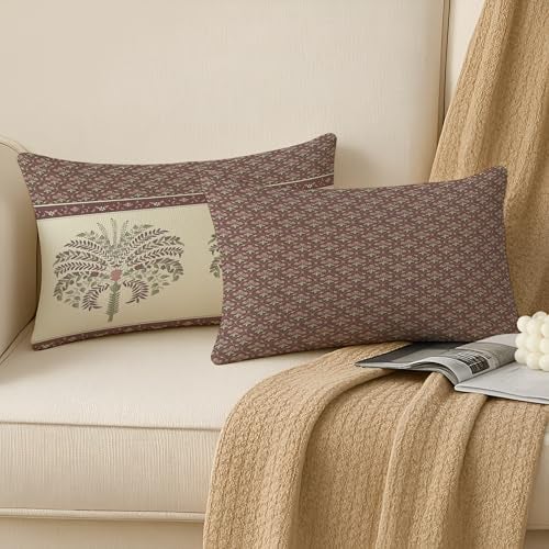BRICK HOME Set of 2 Polycotton Printed Cushion Covers 12x18 Inches | Traditional Palm & Floral Border Design | Mauve, Sage Green & Beige | Soft Decorative Pillow Covers for Sofa, Couch & Living Room - Image 2