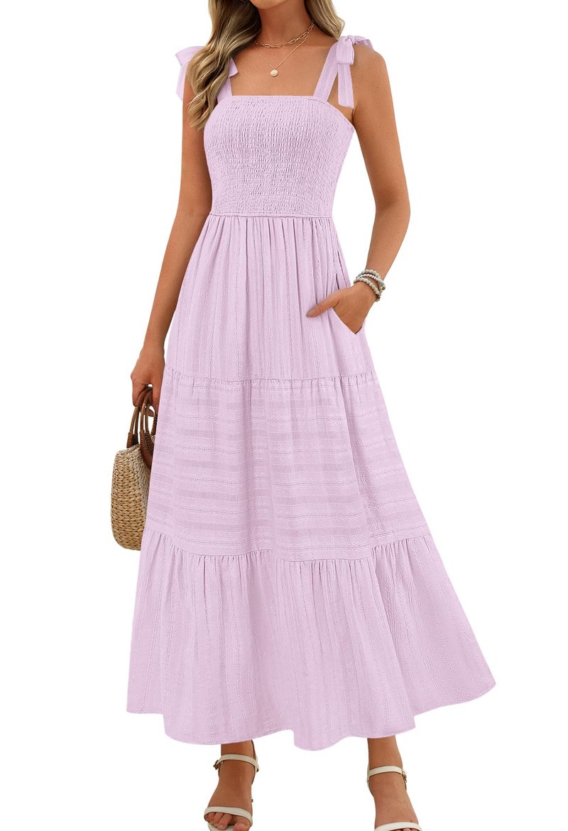 MEROKEETY Womens Summer Boho Maxi Dress Beach Vacation Casual Smocked A Line Sundress with Pockets Purple Medium