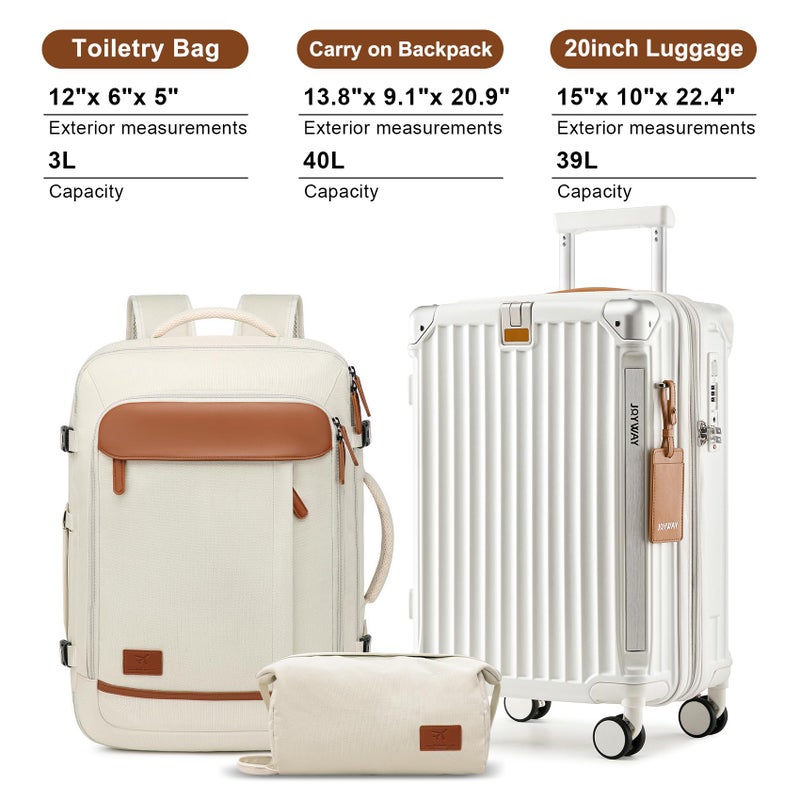 Joyway 20in Carry On Luggage with Cup Holder and USB Port, 25% Expandable Capacity, Smart Suitcase with Anti Slip Wheels and Backpack, Perfect for Men and Women 3 Piece Set White - Image 5