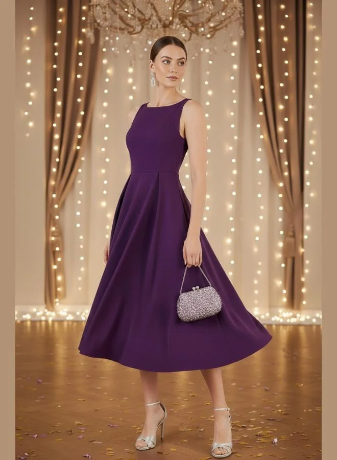 Lela Lela Regular Fit Crew Neck Pocketed Pleated Midi Length Evening Dress Women's Dress 6111963