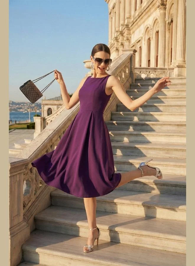 ليلا فستان سهرة نسائي ليلا بقصة عادية وياقة دائرية وجيوب وطيات بطول ميدي