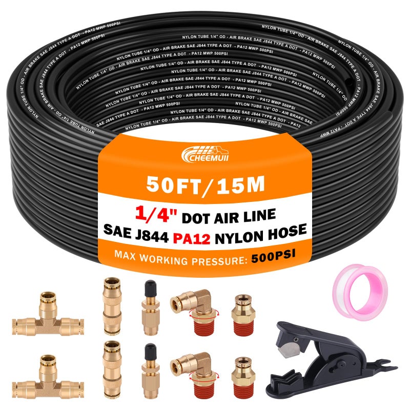 CheeMuii 50 FT 14 DOT Air Line with 10 Pcs Brass DOT Air Brake Line Fittings Kit 15 Meter 14 Air Line Service Kit for Air Bags Suspension Kit with 14 DOT Air Fittings Inflation Schrader Valves