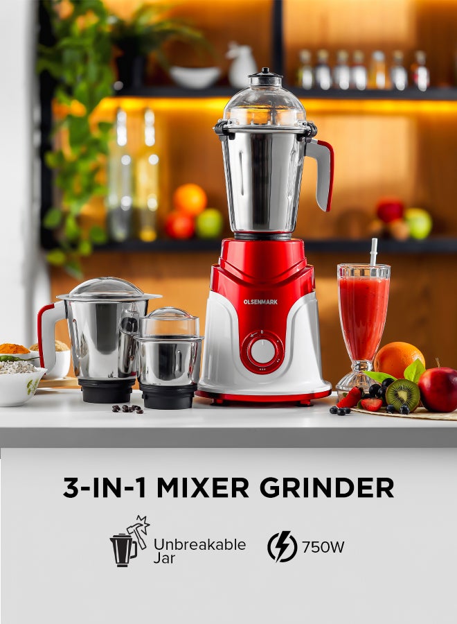 Olsenmark 3 IN 1 Indian Mixer Grinder Juicer OMSB2427J, 750W Powerful Motor with Stainless Steel Jars and Blades, 3 Jars with 3 Speed Control Unbreakable Polycarbonate Jar Caps, Multicolour 750 W OMSB2427K Multicolour - Image 1