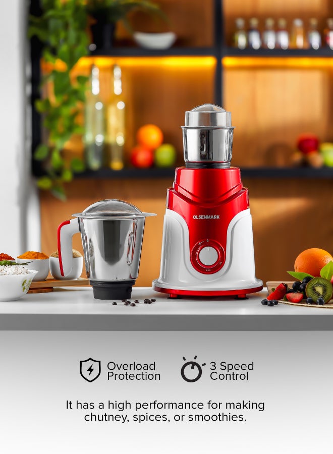 Olsenmark 3 IN 1 Indian Mixer Grinder Juicer OMSB2427J, 750W Powerful Motor with Stainless Steel Jars and Blades, 3 Jars with 3 Speed Control Unbreakable Polycarbonate Jar Caps, Multicolour 750 W OMSB2427K Multicolour - Image 3
