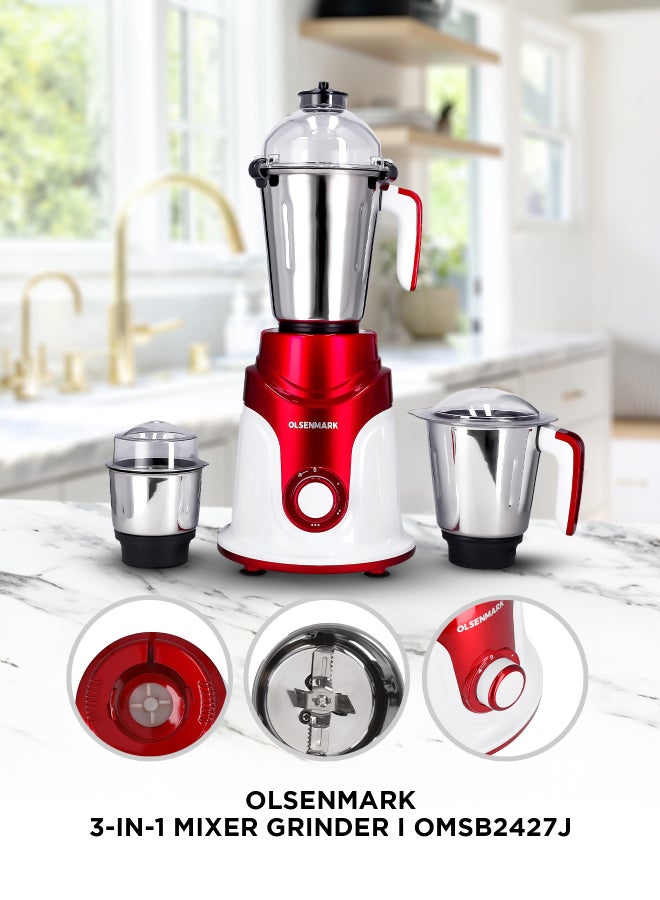 Olsenmark 3 IN 1 Indian Mixer Grinder Juicer OMSB2427J, 750W Powerful Motor with Stainless Steel Jars and Blades, 3 Jars with 3 Speed Control Unbreakable Polycarbonate Jar Caps, Multicolour 750 W OMSB2427K Multicolour - Image 5