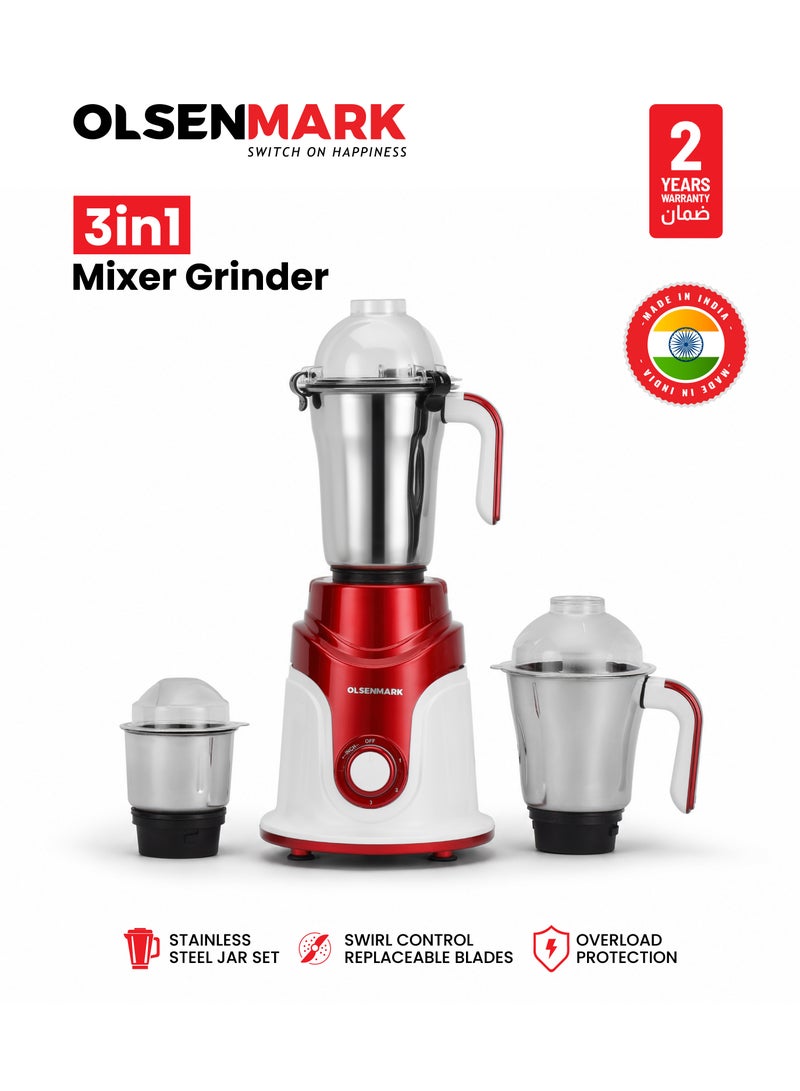 Olsenmark 3-in-1 Mixer Grinder & Juicer, 750W Powerful Motor, Stainless Steel Jars & Blades, 3 Jars, 3 Speed Control, Unbreakable Polycarbonate Lids, Multicolour 750 W OMSB2427K Multicolour - Image 1