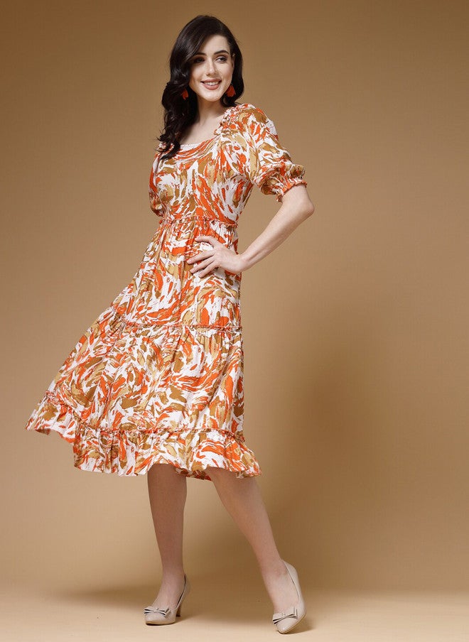 Indibelle Floral Printed Puff Sleeves Tiered Fit and Flared Midi Dress - Image 3