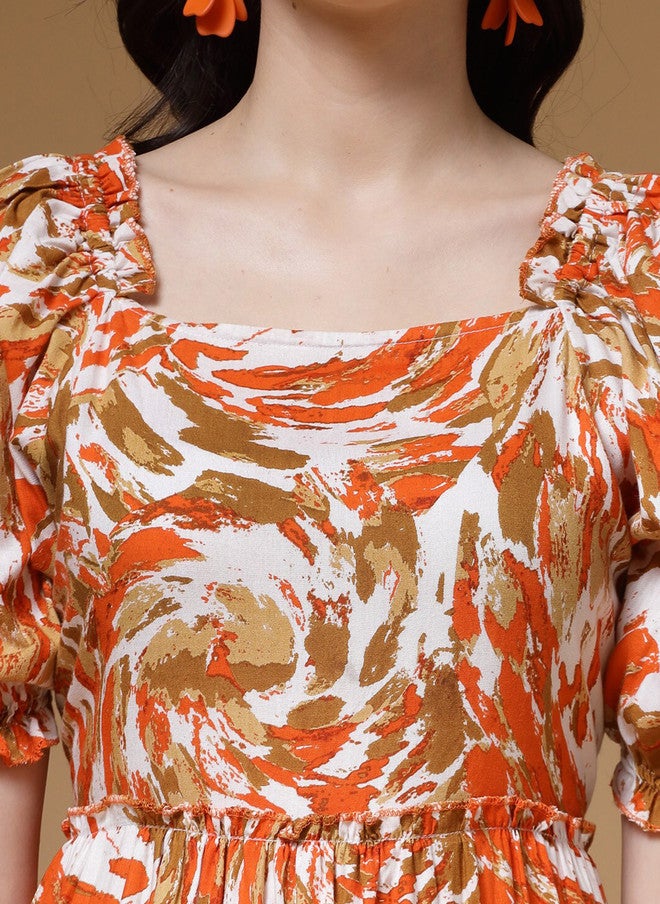 Indibelle Floral Printed Puff Sleeves Tiered Fit and Flared Midi Dress - Image 2