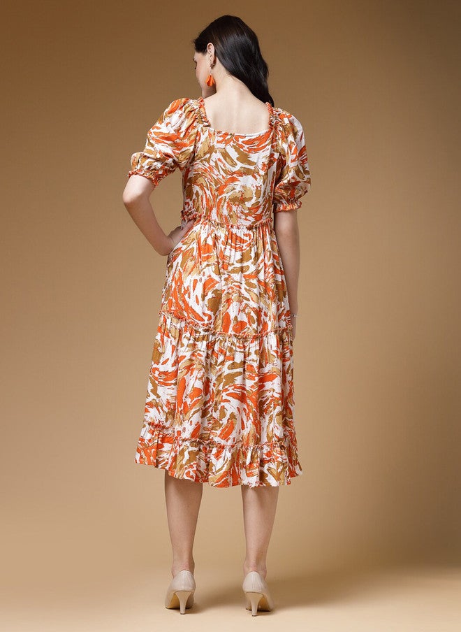 Indibelle Floral Printed Puff Sleeves Tiered Fit and Flared Midi Dress - Image 4