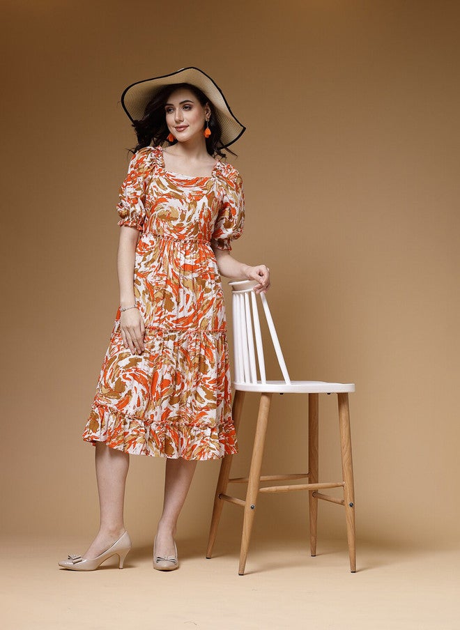 Indibelle Floral Printed Puff Sleeves Tiered Fit and Flared Midi Dress - Image 5