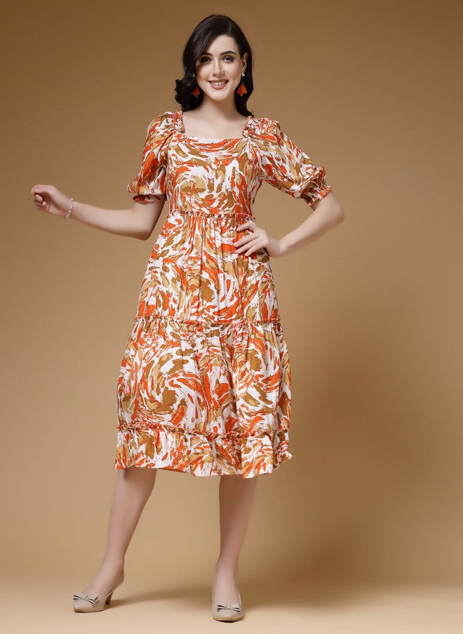 Indibelle Floral Printed Puff Sleeves Tiered Fit and Flared Midi Dress - Image 1