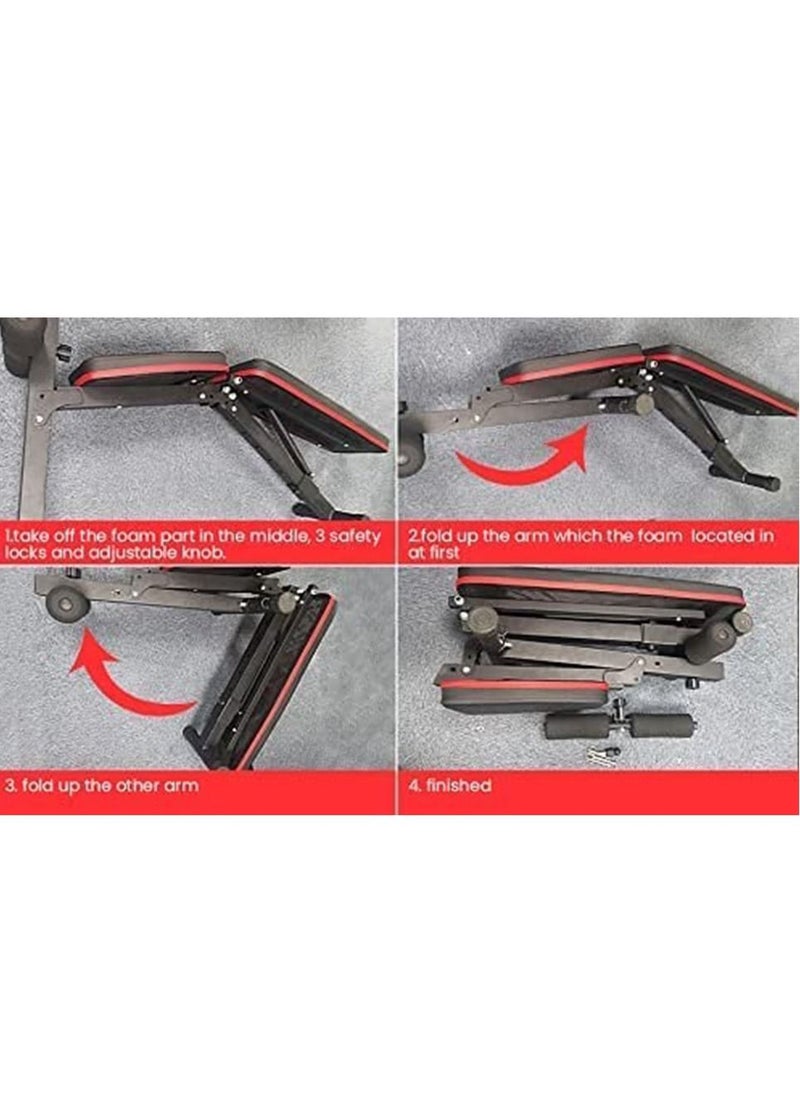 KUYING adjustable folding weight bench, folding incline down exercise bench 250KG sit-up bench with resistance band, multi-functional bench for full body exercise home fitness equipment for full body exercise, 3 seconds folding, suitable for exercise, incline, flat, sit-up