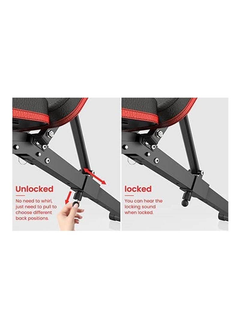 KUYING adjustable folding weight bench, folding incline down exercise bench 250KG sit-up bench with resistance band, multi-functional bench for full body exercise home fitness equipment for full body exercise, 3 seconds folding, suitable for exercise, incline, flat, sit-up