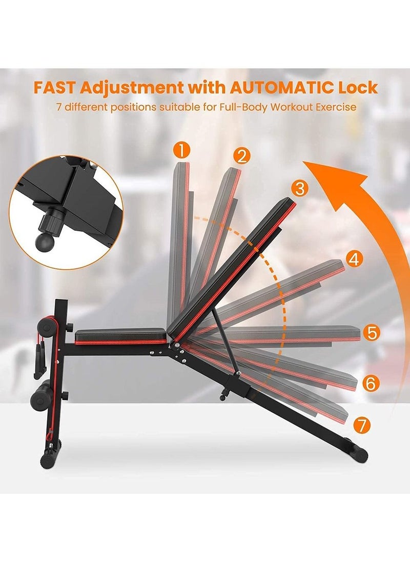 KUYING adjustable folding weight bench, folding incline down exercise bench 250KG sit-up bench with resistance band, multi-functional bench for full body exercise home fitness equipment for full body exercise, 3 seconds folding, suitable for exercise, incline, flat, sit-up