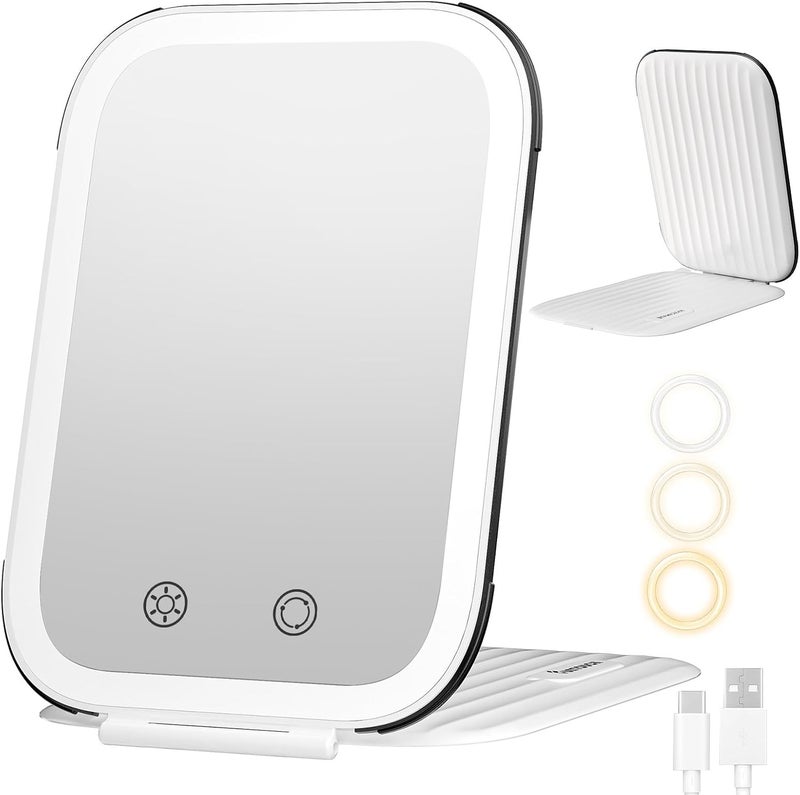 FUNTOUCH Rechargeable Travel Makeup Mirror with Lights and 10X Magnification, Lighted Portable Vanity Mirror with 80 LEDs,2000mAh Battery,Brightness Adjustable,3 Lighting,Touch Dimming Compact Mirror - Image 1