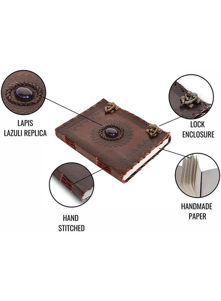 دفتر ملاحظات A5 بغلاف جلدي بتصميم سلتيك تقليدي مزين بحجر أزرق ومشبك معدني، صفحات يدوية الصنع عالية الجودة، نوت بوك فخم لتدوين اليوميات والملاحظات والرسم – مفكرة جلدية أنيقة – دفتر ملاحظات كلاسيكي – هدية مثالية - Image 4