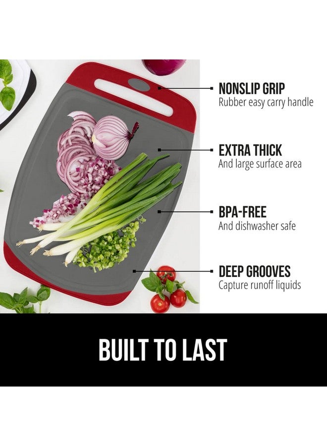GORILLA GRIP 100% BPA-Free Reversible Kitchen Cutting Board Set of 3, Nonporous, Juice Grooves Catch Liquid, Slip Resistant Handle Border, Dishwasher Safe, Durable Large Food Chopping Boards, Red Gray - Image 2
