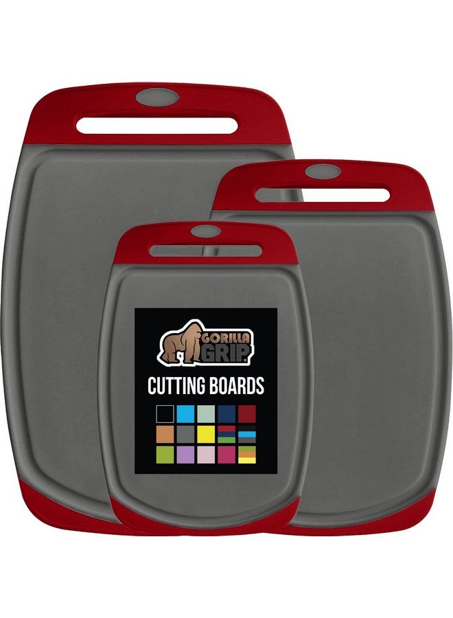 GORILLA GRIP 100% BPA-Free Reversible Kitchen Cutting Board Set of 3, Nonporous, Juice Grooves Catch Liquid, Slip Resistant Handle Border, Dishwasher Safe, Durable Large Food Chopping Boards, Red Gray - Image 1