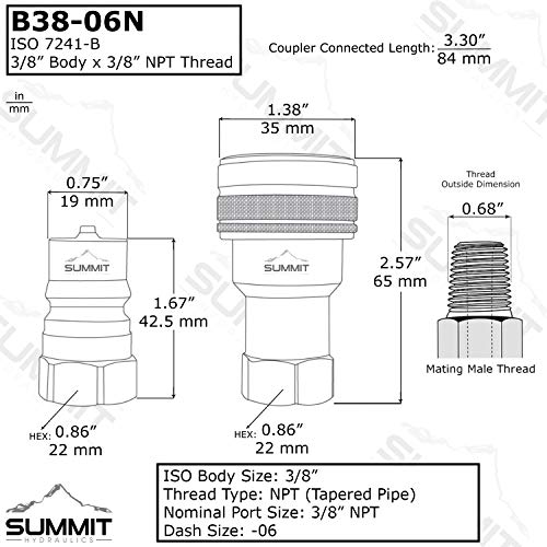 Summit Hydraulics 3/8" NPT ISO 7241-B Quick Disconnect Hydraulic Coupling/Coupler Set - Image 2