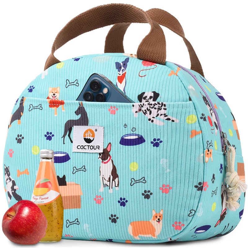 CaCTOUR CaCTPUR Lunch Box for Women Girls Teens,Cute Lunch Box Cooler Bag, Portable Insulated Small Lunch Bag Women Reusable Corduroy Lunch Tote for Work/Travel/Picnic/School (Dog Green,Small) - Image 1