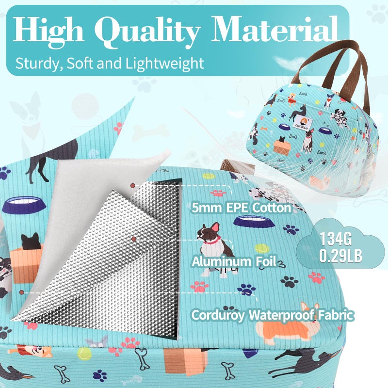 CaCTOUR CaCTPUR Lunch Box for Women Girls Teens,Cute Lunch Box Cooler Bag, Portable Insulated Small Lunch Bag Women Reusable Corduroy Lunch Tote for Work/Travel/Picnic/School (Dog Green,Small) - Image 3