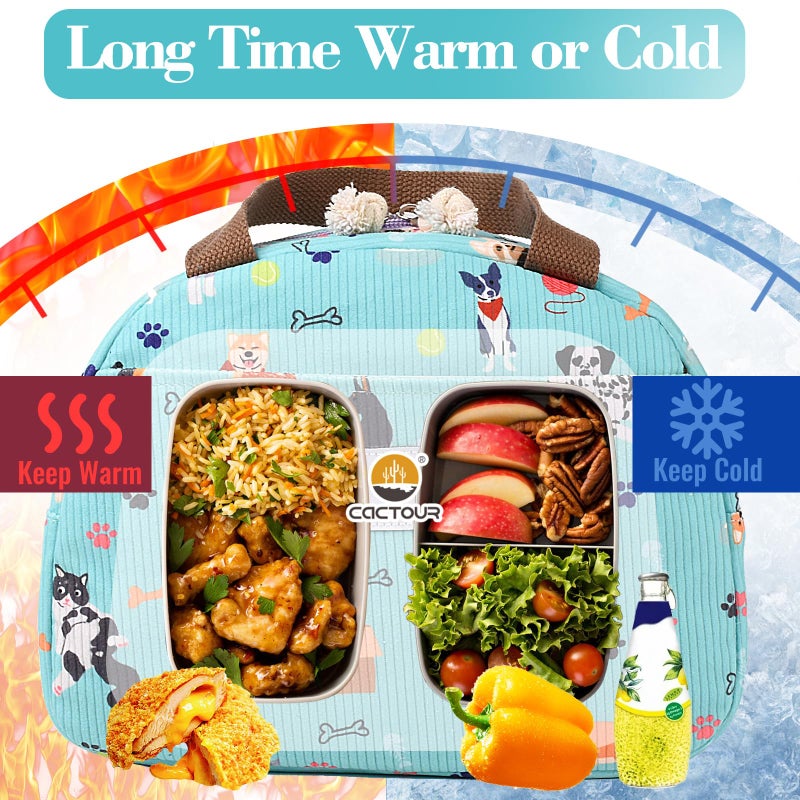 CaCTOUR CaCTPUR Lunch Box for Women Girls Teens,Cute Lunch Box Cooler Bag, Portable Insulated Small Lunch Bag Women Reusable Corduroy Lunch Tote for Work/Travel/Picnic/School (Dog Green,Small) - Image 4