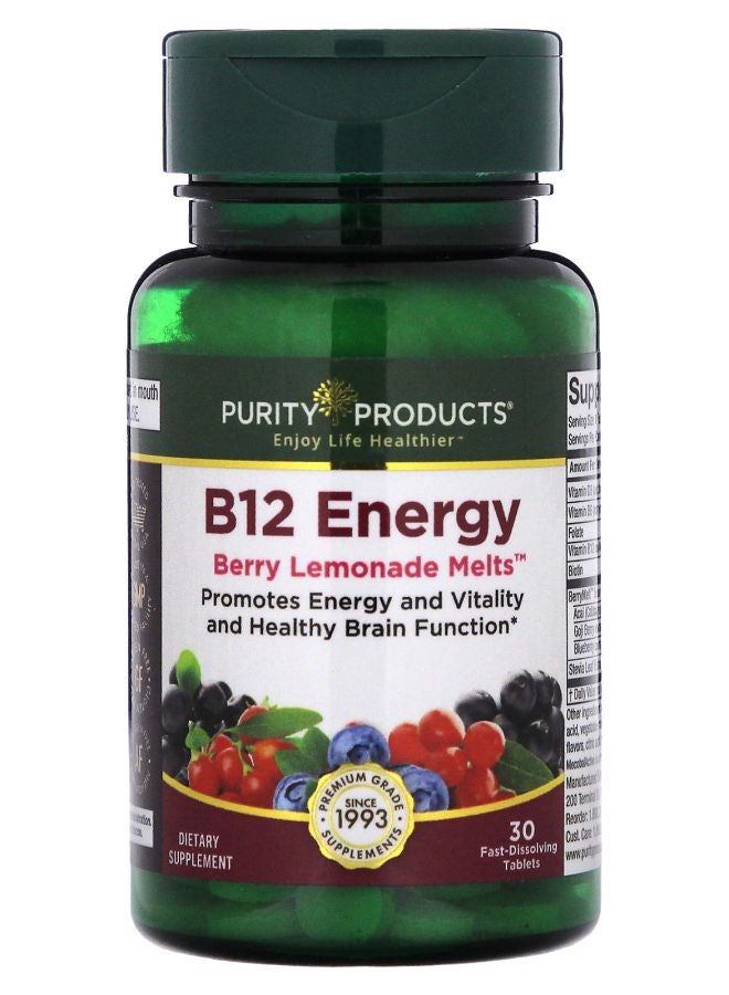 Purity Products أقراص ب12 للطاقة بنكهة التوت والليمون 30 قرص سريع الذوبان