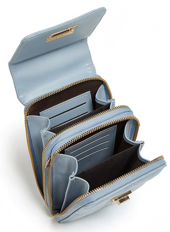 Women's Single Shoulder Crossbody Phone Bag Card Holder Women's Diamond Coin Purse Fashion Lock Large Bill Clip Coin Purse - Multi-Compartment Card Holder With Turn Lock, Coin Pocket And Zipper Bill Slot Light Blue  - Image 4