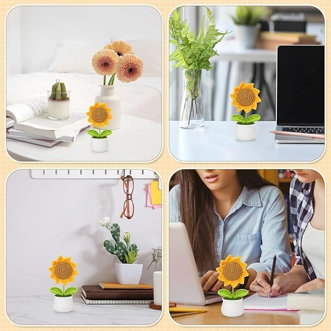 AccuPrints أزهار عباد الشمس الكروشيه الاصطناعية من AccuPrints، قطعة واحدة، لتزيين مكتب المكتب، لوحة قيادة السيارة، ديكور المنزل، المكتب، غرفة النوم، حفلات الزفاف. - Image 5