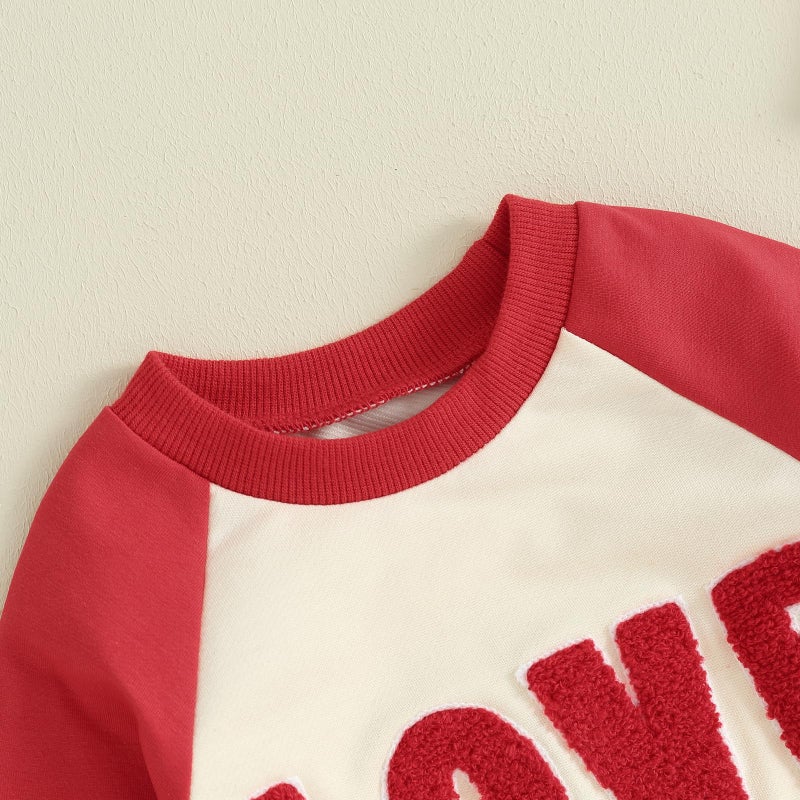 LAGKIYOJ Toddler Baby Boy Girl Valentines Outfit Letter Embroidery Sweatshirt Top Pants Kids Infant Fall Winter Clothes (Apricot Red, 18-24 Months) - Image 5