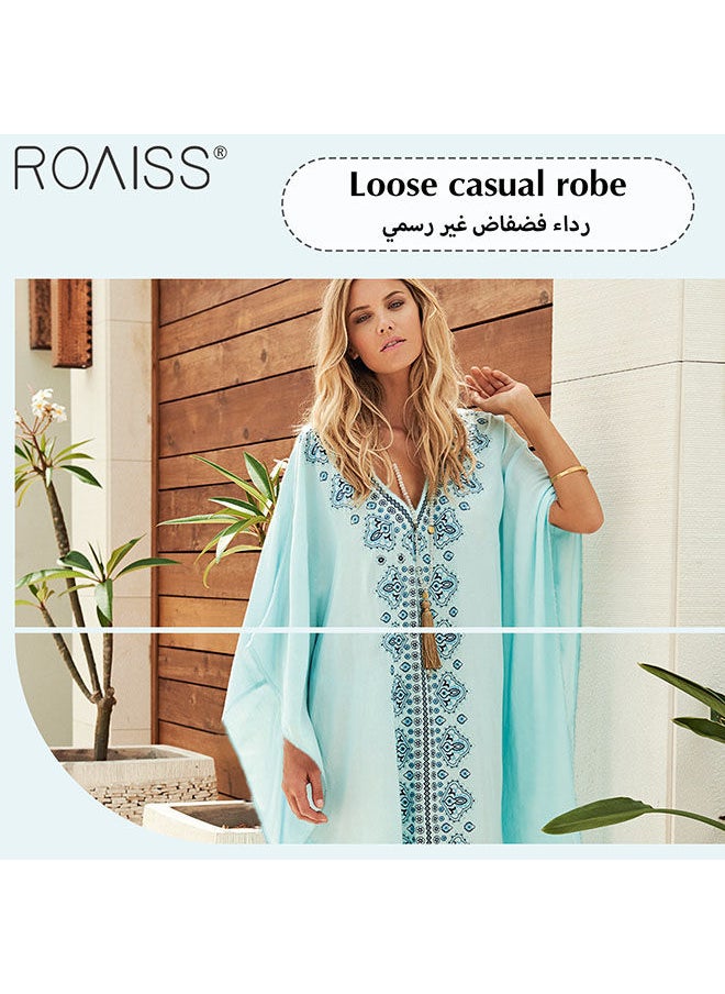 roaiss Women's Beach Sun Protection Pullover Bohemian Printed Loose Fitting Dress Ankle Length Bikini Smock for Summer Vacation  - Image 2