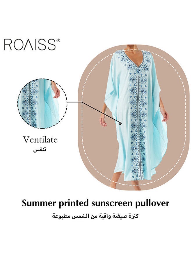 roaiss Women's Beach Sun Protection Pullover Bohemian Printed Loose Fitting Dress Ankle Length Bikini Smock for Summer Vacation  - Image 3