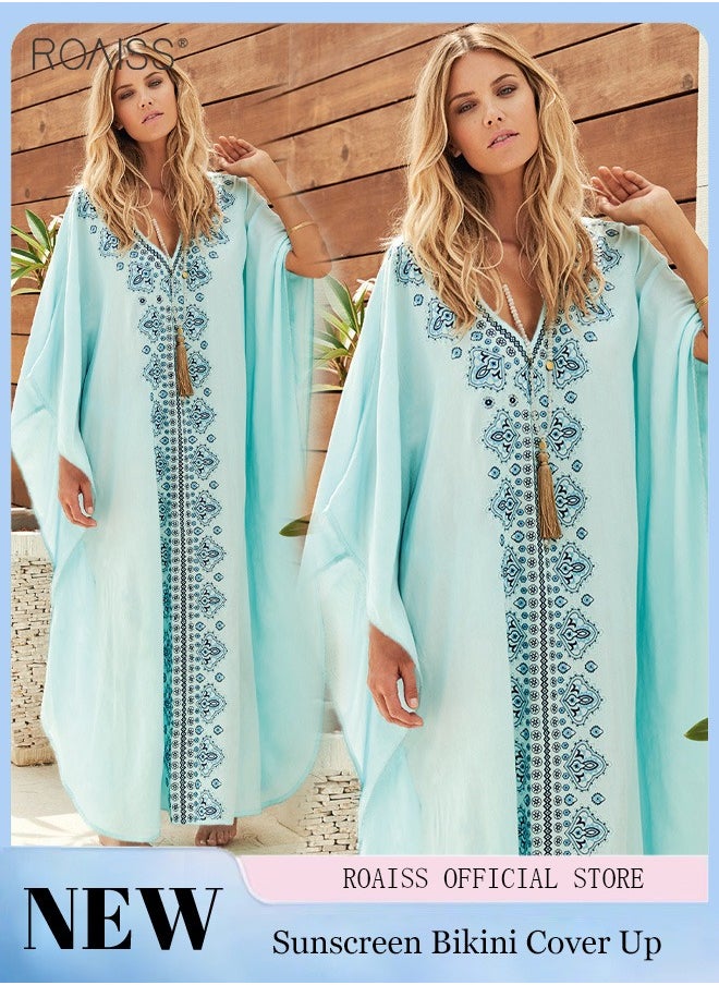 roaiss Women's Beach Sun Protection Pullover Bohemian Printed Loose Fitting Dress Ankle Length Bikini Smock for Summer Vacation  - Image 1