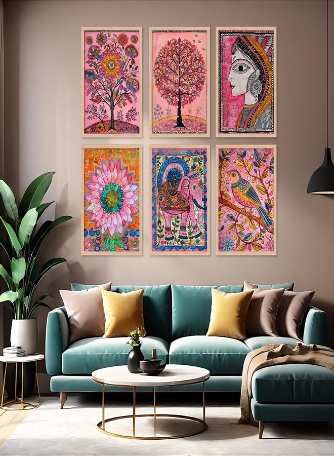 ARTELLY Madhubani Paintings For Home Living Room Bedroom - Pichwai Painting For Wall Decoration - Traditional Indian Big Size Frames For Office Wall Decor (Set of 6) (Wall Art 9, 13x17 inch) - Image 1