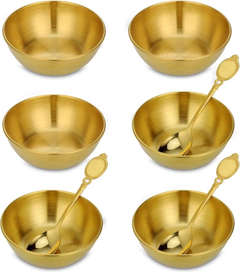 Huiguli Dipping Bowls Set of 6, Stainless Steel Golden Dip Bowls, Serving Dishes Set, Tapas Bowls, Small Bowls for Dips Ingredients Appetizer Sauce Nibbles, Polished Snack Bowls with 3 Spoon, Dishwasher Safe - Image 1