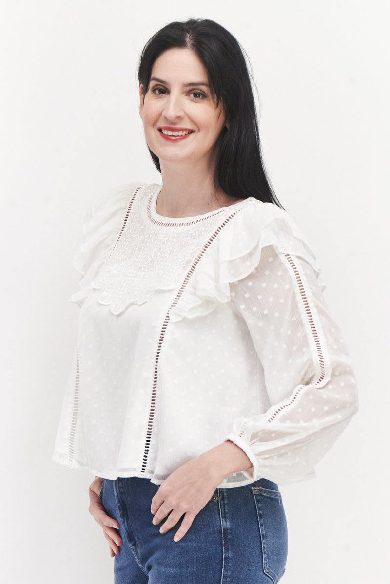 Miss Selfridge Women Petite Round Neck Long Sleeve Embroidered Blouse, Ivory - Image 2