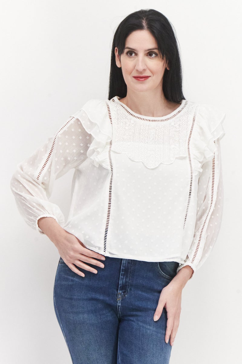 Miss Selfridge Women Petite Round Neck Long Sleeve Embroidered Blouse, Ivory - Image 1
