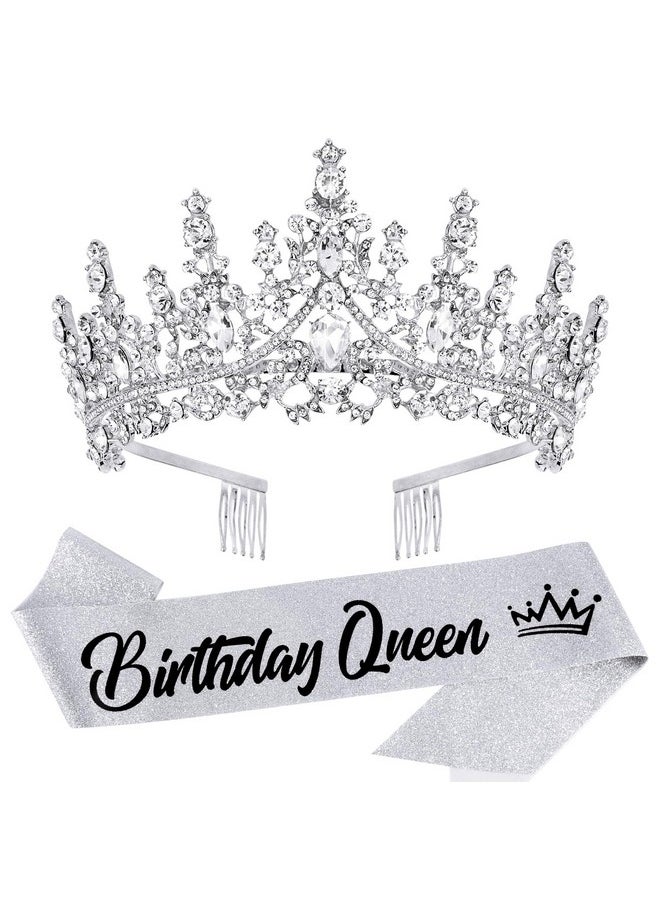 Velscrun VELSCRUN Silver Crystal Birthday Queen Tiara Crowns for Women Girls Birthday Queen Headband Sash Elegant Princess Crown with Combs Hair Accessories Happy Birthday Party Decorations Mom Birthday Gift  - Image 1