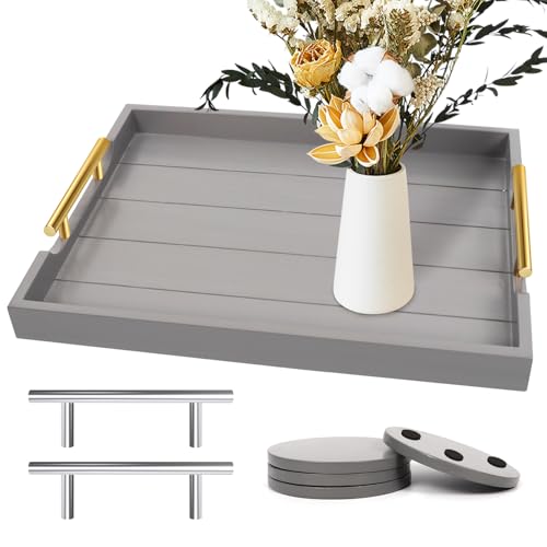 SXNOWS Wooden Serving Tray with 2 Sets of Handles,Large Ottoman Tray for Living Room, Rectangular Wood Tray for Coffee Table, Modern Farmhouse Kitchen Decor, 4 Round Coasters Included,Gray - Image 1