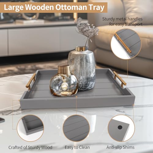 SXNOWS Wooden Serving Tray with 2 Sets of Handles,Large Ottoman Tray for Living Room, Rectangular Wood Tray for Coffee Table, Modern Farmhouse Kitchen Decor, 4 Round Coasters Included,Gray - Image 2