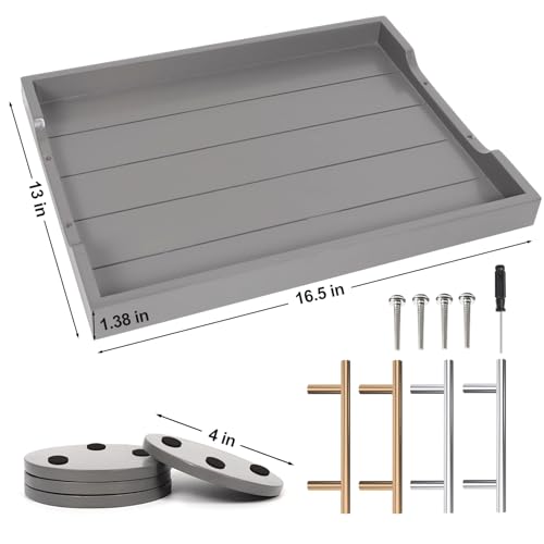 SXNOWS Wooden Serving Tray with 2 Sets of Handles,Large Ottoman Tray for Living Room, Rectangular Wood Tray for Coffee Table, Modern Farmhouse Kitchen Decor, 4 Round Coasters Included,Gray - Image 3