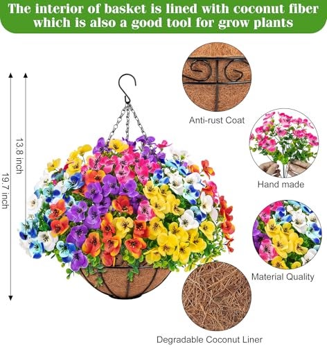 Besteek Artificial Hanging Flowers with Baskets for Outdoors Fake Silk Pansy Flowers UV Resistant Faux Hanging Plants for Front Porch Patio Yard Home Spring Summer Decoration Multicolor - Image 3