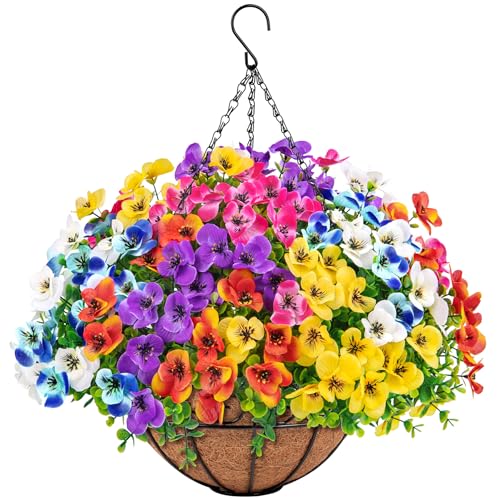 Besteek Artificial Hanging Flowers with Baskets for Outdoors Fake Silk Pansy Flowers UV Resistant Faux Hanging Plants for Front Porch Patio Yard Home Spring Summer Decoration Multicolor - Image 1