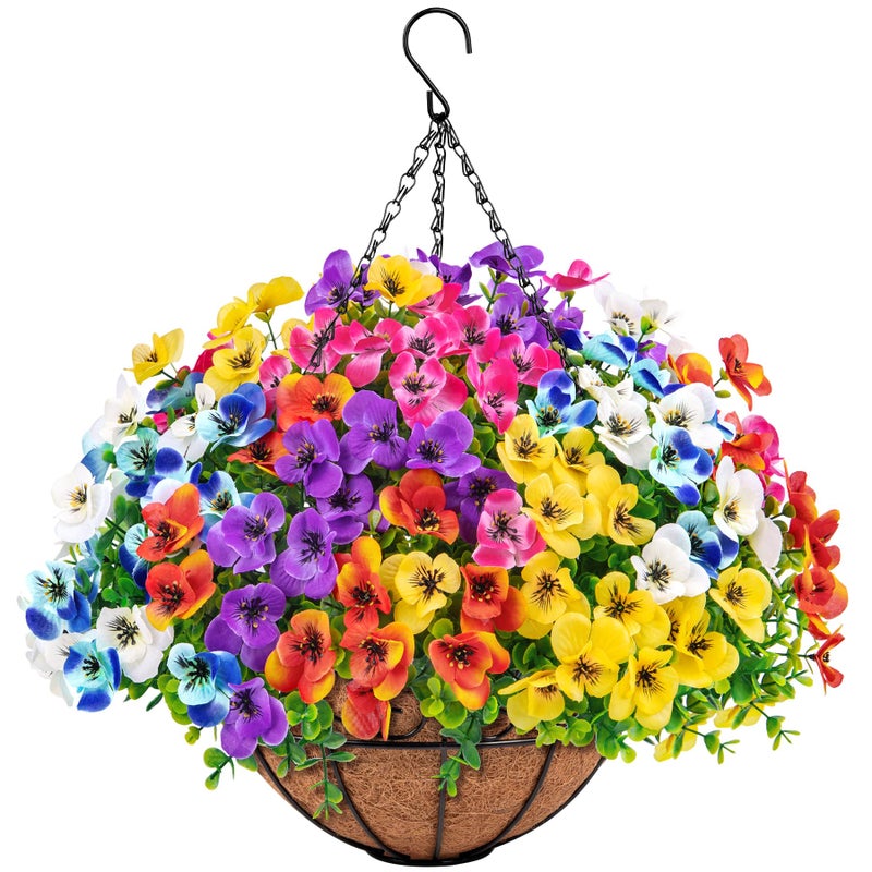 Besteek Artificial Hanging Flowers with Baskets for Outdoors Fake Silk Pansy Flowers UV Resistant Faux Hanging Plants for Front Porch Patio Yard Home Spring Summer Decoration Multicolor - Image 2