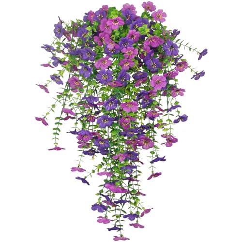 GhuaH 3 Pcs Artificial Hanging Flowers for Outdoors Spring Summer Purple Faux Silk Daisy Flowers UV Resistant Fake Plants Eucalyptus Realistic for Outside Home Indoor Planter Porch Garden Yard Decor - Image 1