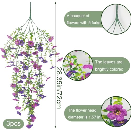 GhuaH 3 Pcs Artificial Hanging Flowers for Outdoors Spring Summer Purple Faux Silk Daisy Flowers UV Resistant Fake Plants Eucalyptus Realistic for Outside Home Indoor Planter Porch Garden Yard Decor - Image 2